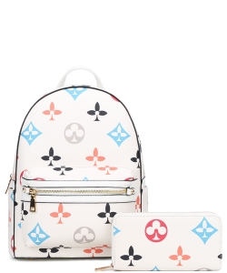2in1 Pattern Print Design Zipper Backpack Set DH-8578-W WHITE